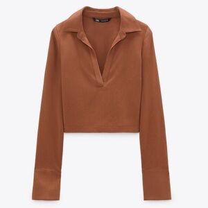 Zara Burnt Orange Collared V-Neck Cropped Top size medium